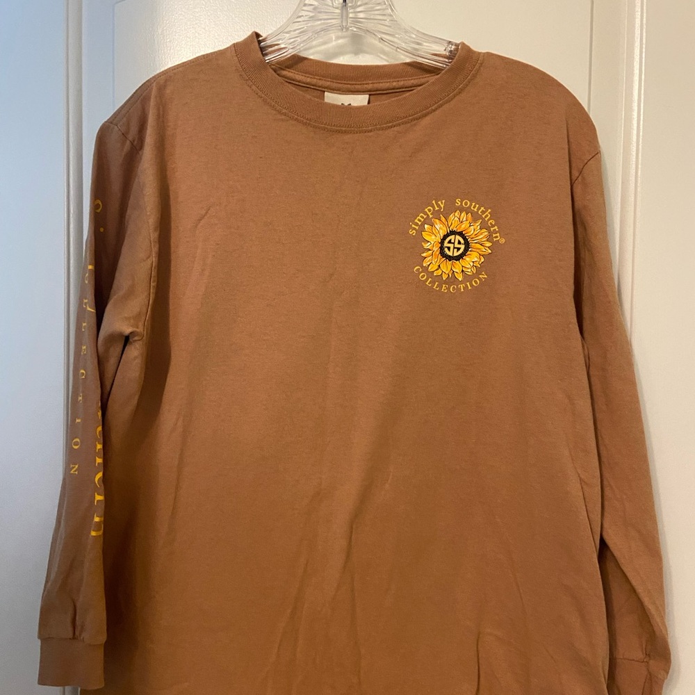 Simply Southern Brown Shirt with Yellow Sunflower Logo- Never Worn